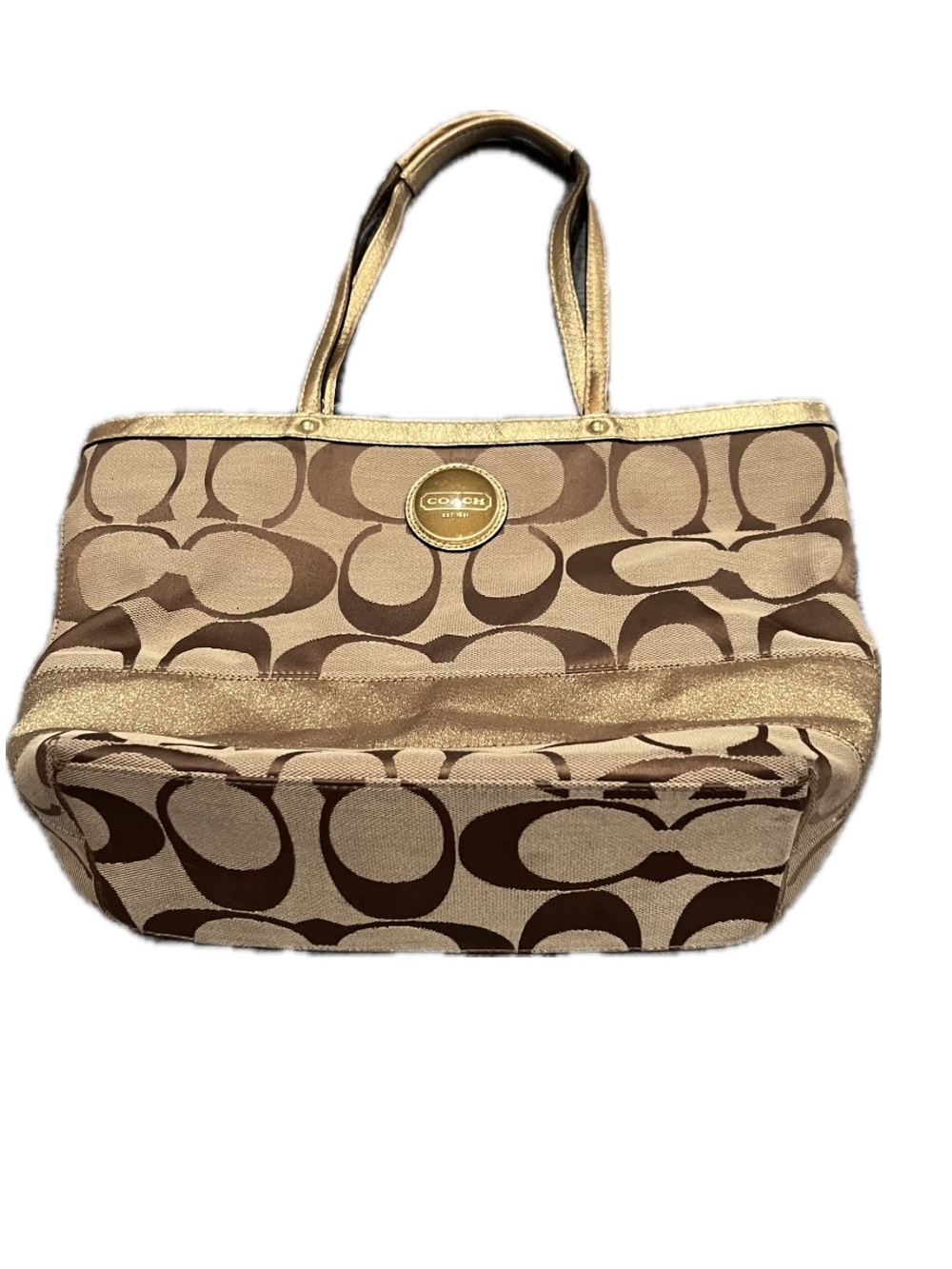 Coach Signature Canvas Tote in Brown and Tan with Gold Trim